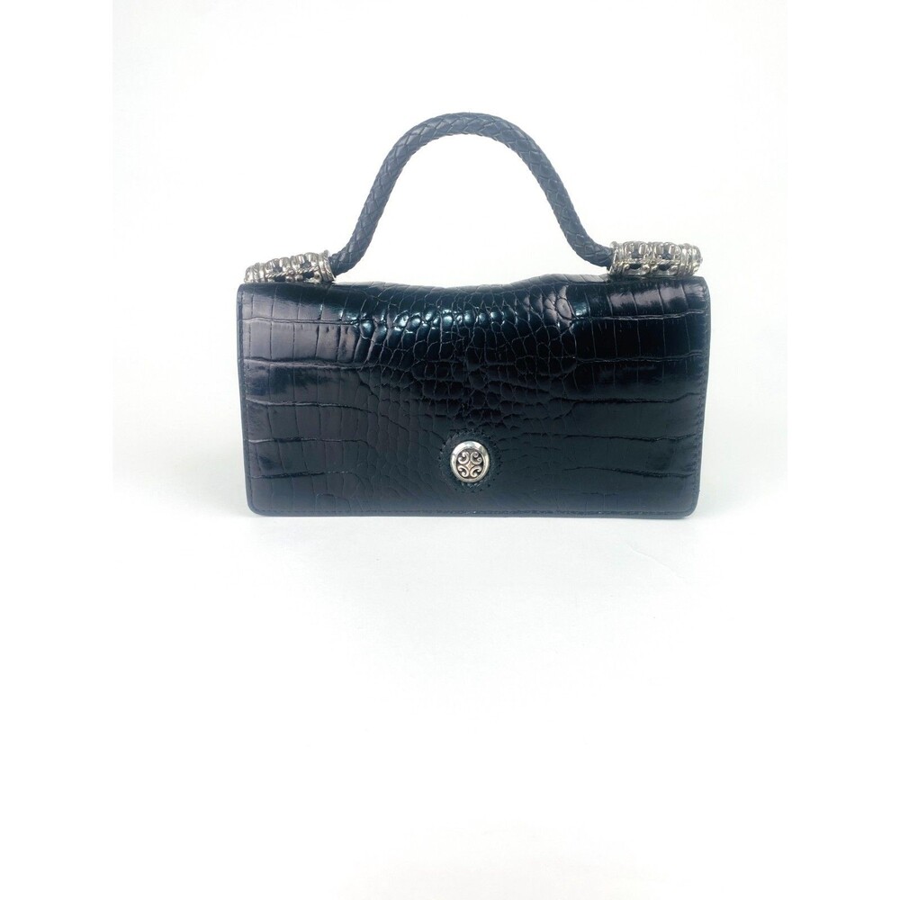 Vintage Brighton Black Croc Embossed Leather Wallet Purse Braided Handle Silver